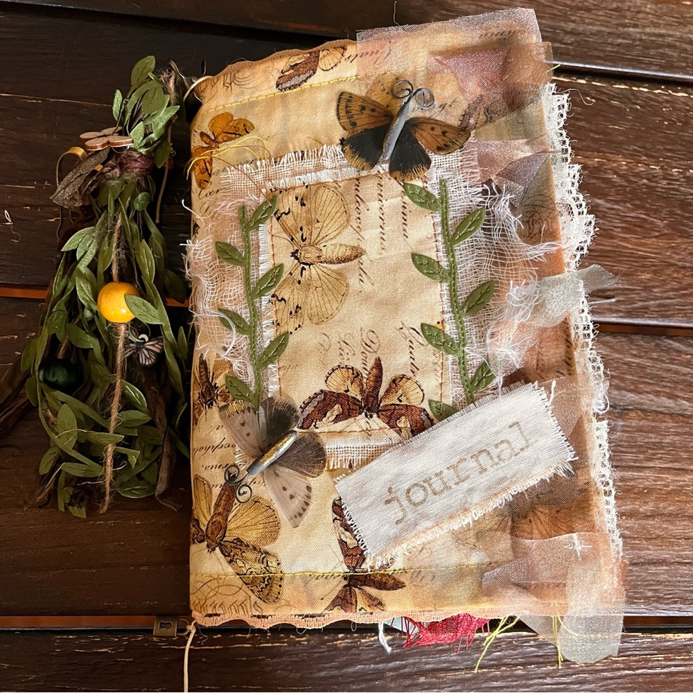 Tim Holtz Themed Junk Journal Butterfly Moth Grungy Yellow Scrappy Decorated